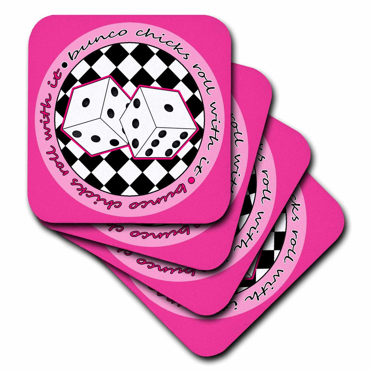 3dRose Janna Salak Designs Bunco - Bunco Chicks Roll With It Pink - Coasters (cst_28502)