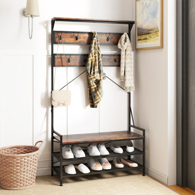 Coat Rack 4-In-1 Hall Tree with 11 Hanging Hooks Shoe Bench-Rustic Brown
