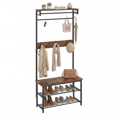Coat Rack 4-In-1 Hall Tree with Shoe Bench and Removable Hooks-Coffee