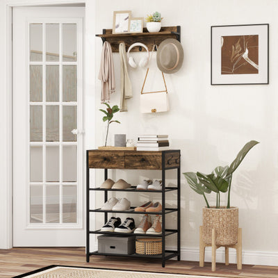 Coat Rack Shoe Stand Set 5-Tier Shoe Rack with Wall-Mounted Coat Hanger-Brown