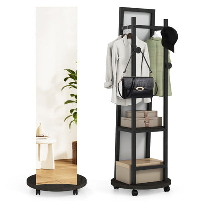 Coat Rack with Full Length Mirror Freestanding Coat Tree with 3 Hooks-Walnut