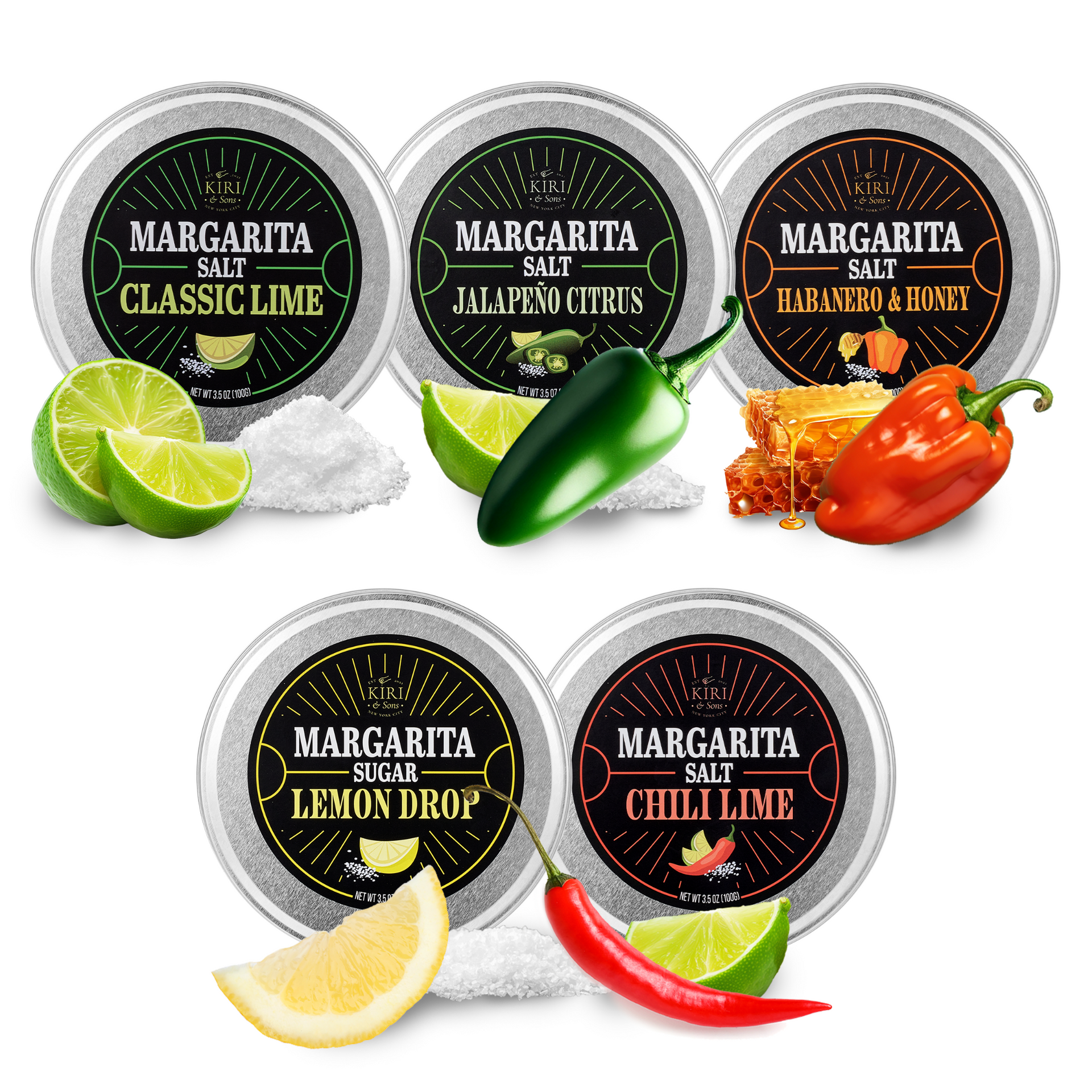 Five tins of margarita salt with corresponding seasonings on a white background