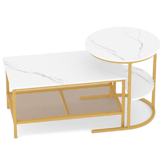 Coffee Table 2-Tier Rectangle Coffee Table and Side End Table with Storage Shelves-White and Golden