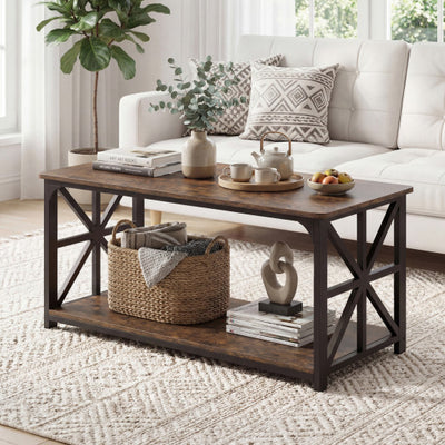 Coffee Table 2-Tier Center Table with Storage Shelf-Rustic Brown
