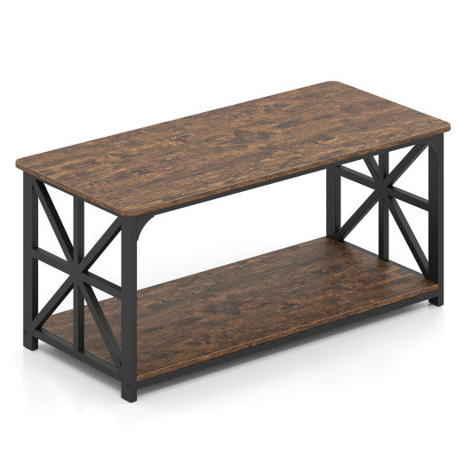Coffee Table 2-Tier Center Table with Storage Shelf-Rustic Brown