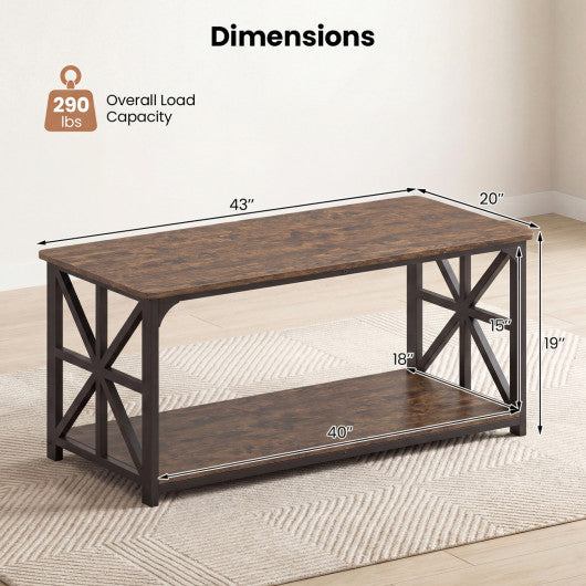 Coffee Table 2-Tier Center Table with Storage Shelf-Rustic Brown