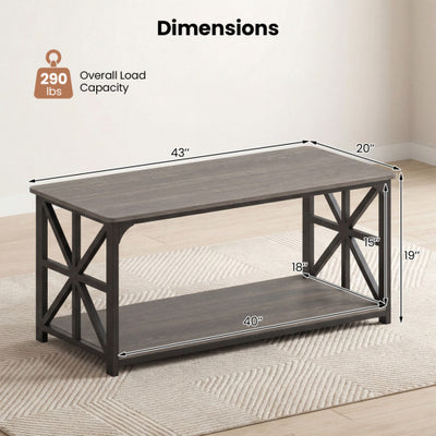 Coffee Table 2-Tier Center Table with Storage Shelf-Oak