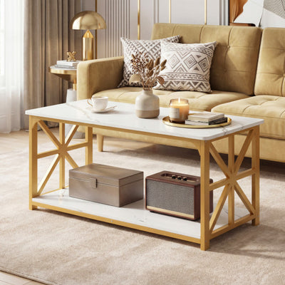 Coffee Table 2-Tier Center Table with Storage Shelf-White and Golden