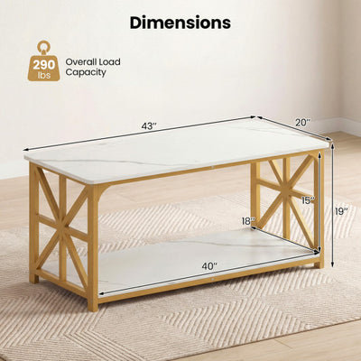 Coffee Table 2-Tier Center Table with Storage Shelf-White and Golden