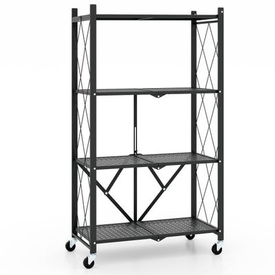 4-Tier Foldable Storage Shelf Collapsible Storage Rack with Lockable Wheels-Black