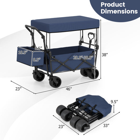 Collapsible Wagon with Removable Canopy and Detachable Storage Bag-Blue