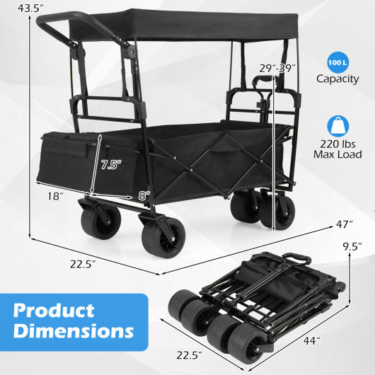 Collapsible Wagon with Removable Canopy and Adjustable Handles-Black