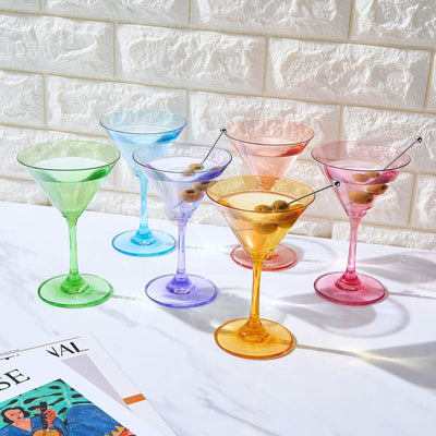 Martini Glasses Set of 6 | 8oz | Crystal Luxury Martini Glass - Elegant Colors - Premium Hand-Blown | Art Deco Cocktail Colored Coupes For Manhattan, Cosmopolitan, Sidecar, Speakeasy - Stemmed Goblets