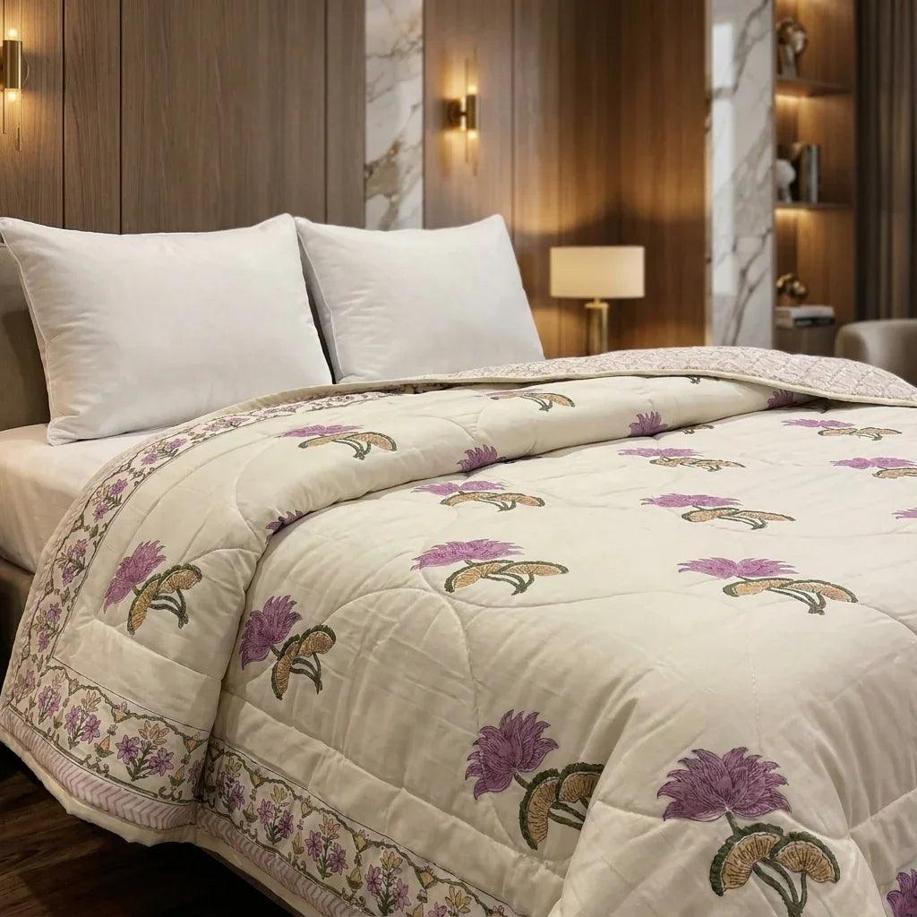 Cream & Mauve Floral Jaipur Indian Hand Block Print Quilted Comforter