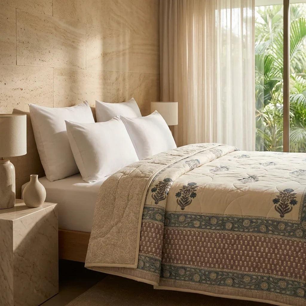 Cream & Slate Blue Floral Jaipur Indian Hand Block Print Quilted Comforter