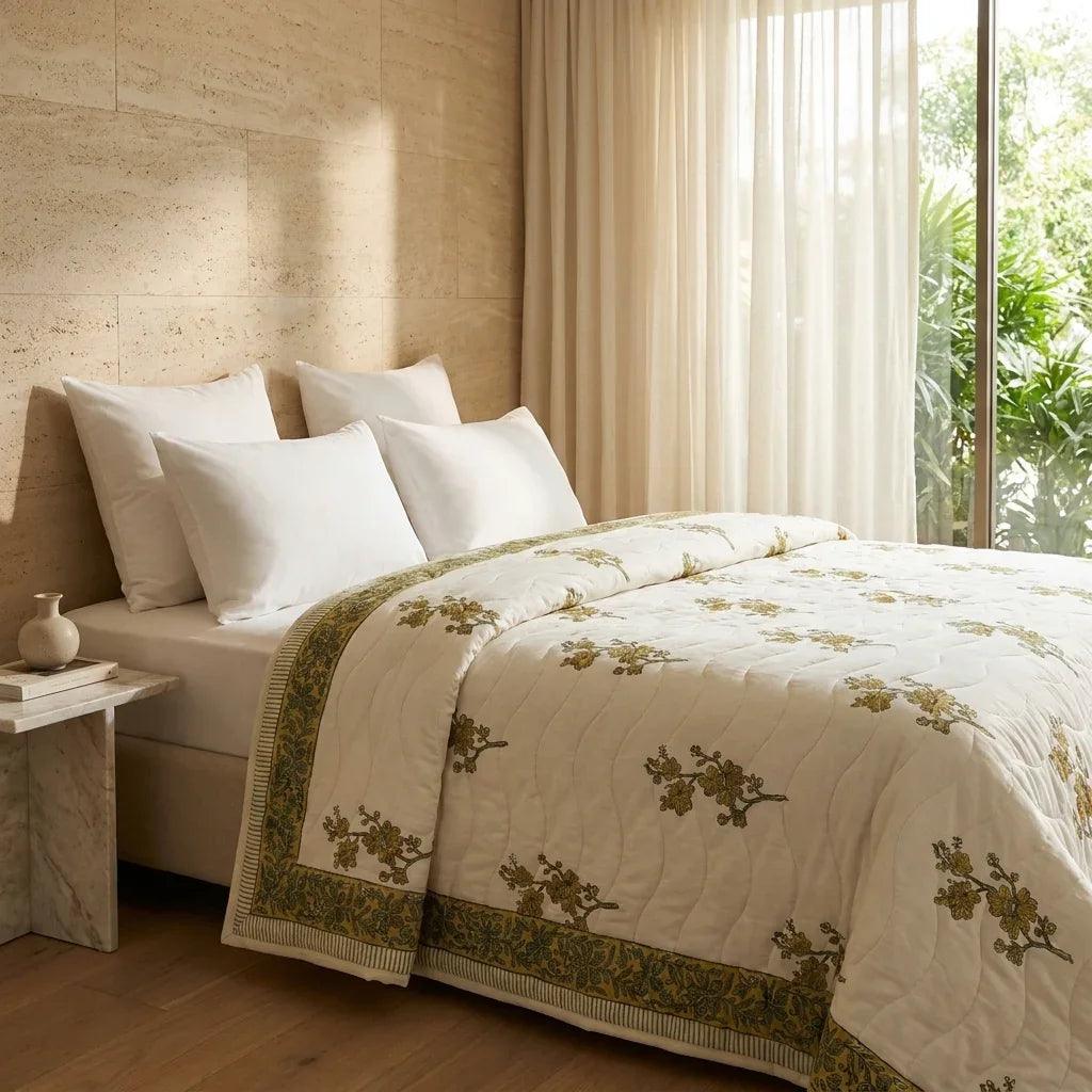 Cream & Mustard Yellow Olive Floral Jaipur Indian Hand Block Print Quilted Comforter