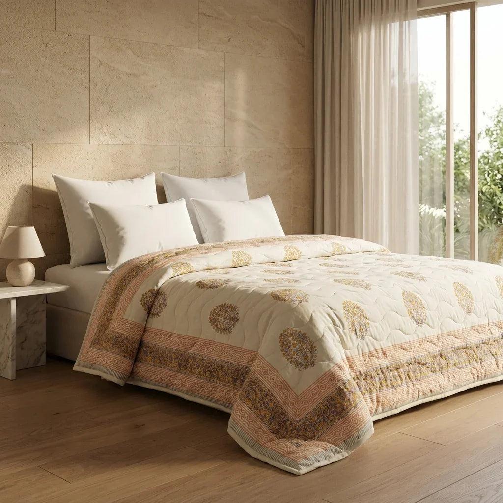 Cream & Sage Green Rose Pink Floral Jaipur Indian Hand Block Print Quilted Comforter