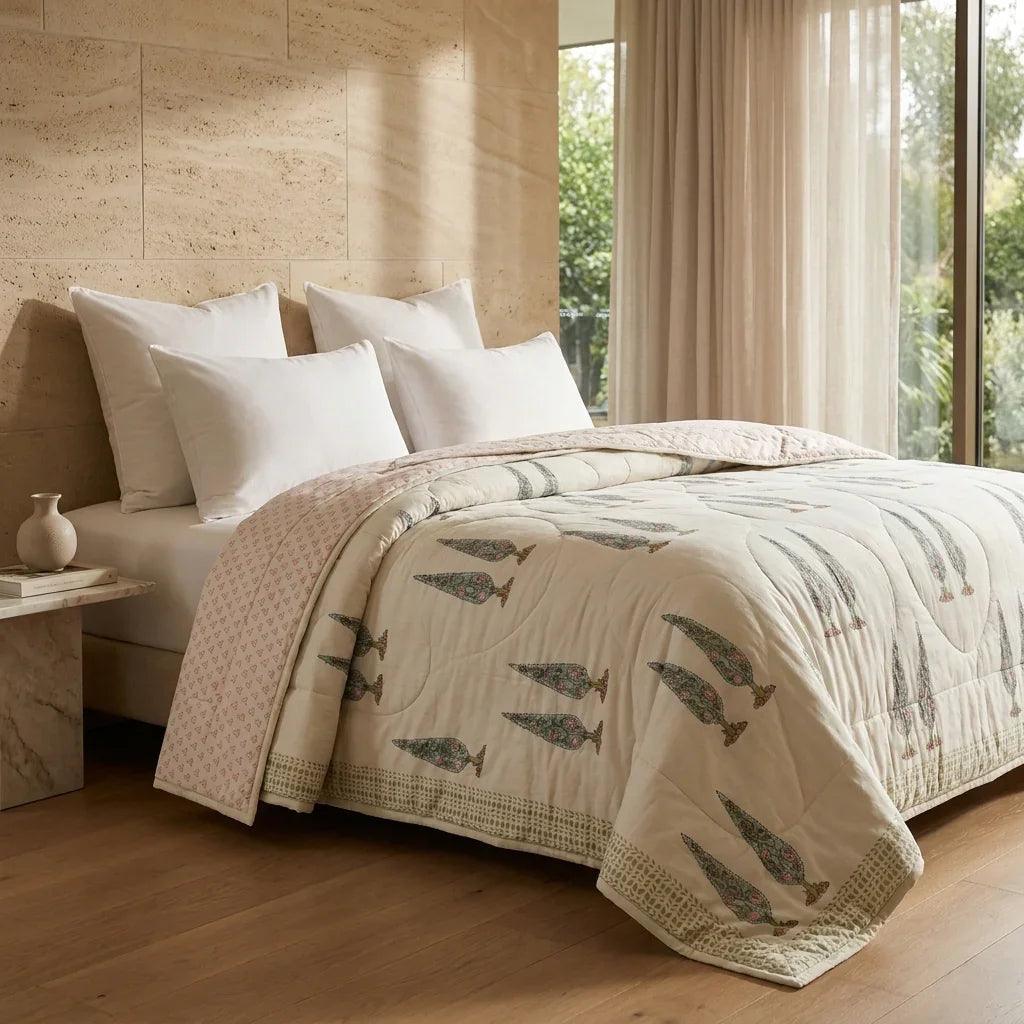 Cream & Rust Sage Floral Jaipur Indian Hand Block Print Quilted Comforter