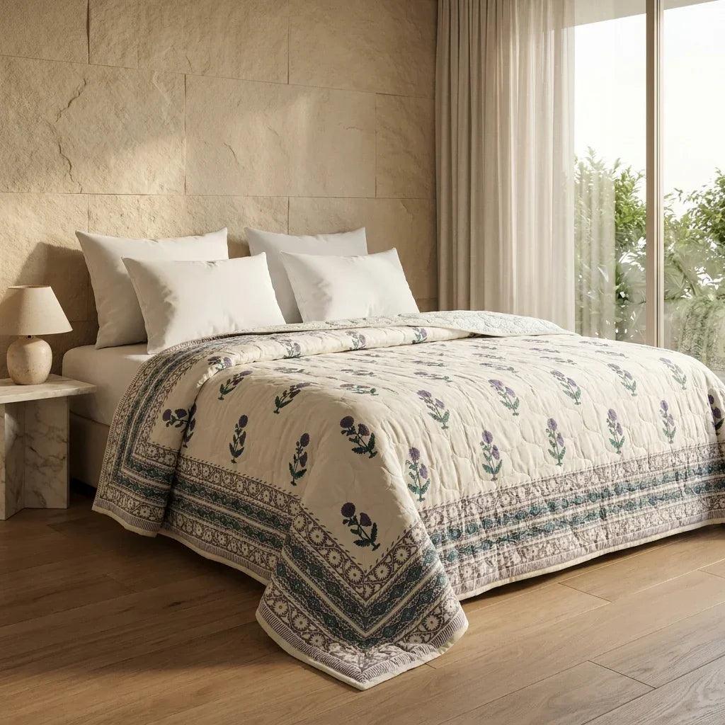Cream & Indigo Blue Floral Jaipur Indian Hand Block Print Quilted Comforter