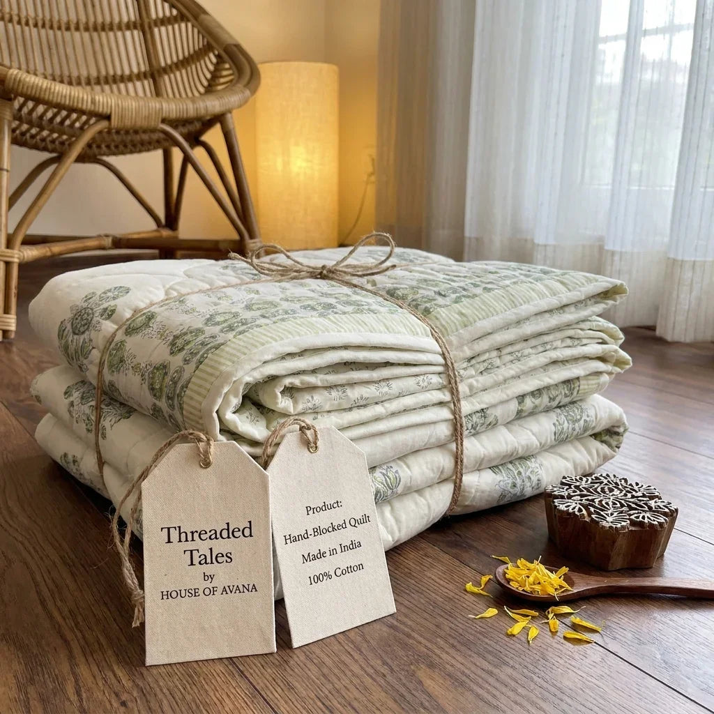 Sage Green & Cream Mauve Floral Jaipur Indian Hand Block Print Quilted Comforter