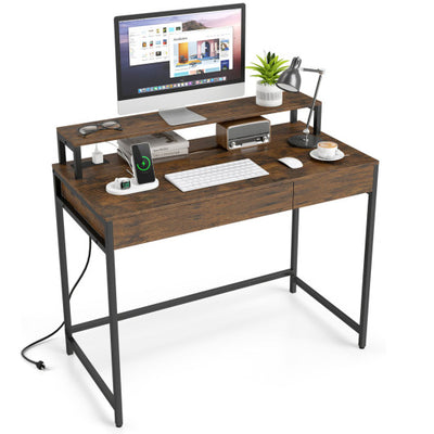 Compact Office Desk with Removable Monitor Shelf and Dual-use Drawer-Rustic Brown