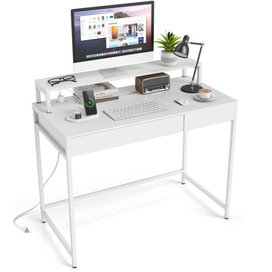 Compact Office Desk with Removable Monitor Shelf and Dual-use Drawer-White