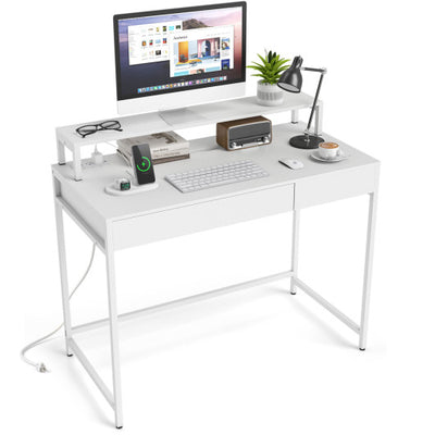 Compact Office Desk with Removable Monitor Shelf and Dual-use Drawer-White