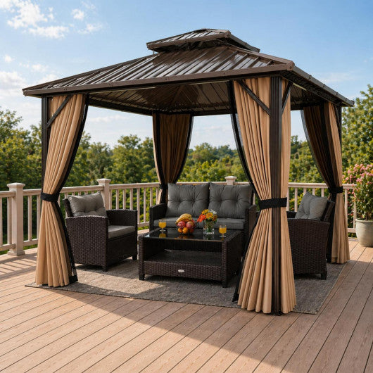 Complete Outdoor Lounge Ensemble: All-Weather 10' x 10' Hardtop Gazebo and 4-Piece Patio Conversation Set