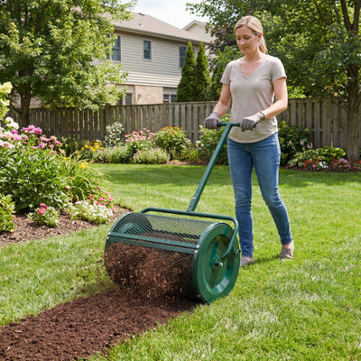 Compost Spreader 24 Inch Peat Moss Spreader Roller with Height-adjustable T-shape Handle-Green