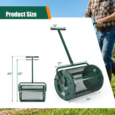 Compost Spreader 24 Inch Peat Moss Spreader Roller with Height-adjustable T-shape Handle-Green