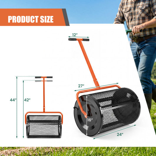 Compost Spreader 24 Inch Peat Moss Spreader Roller with Height-adjustable T-shape Handle-Orange