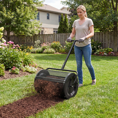 Compost Spreader 24 Inch Peat Moss Spreader Roller with Height-adjustable T-shape Handle-Black