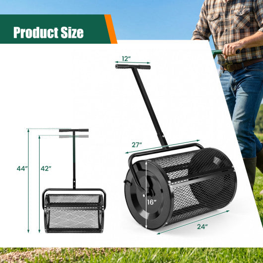 Compost Spreader 24 Inch Peat Moss Spreader Roller with Height-adjustable T-shape Handle-Black
