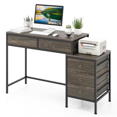 Computer Desk with 5 Drawers Home Office Desk with Side File Cabinet-Grey
