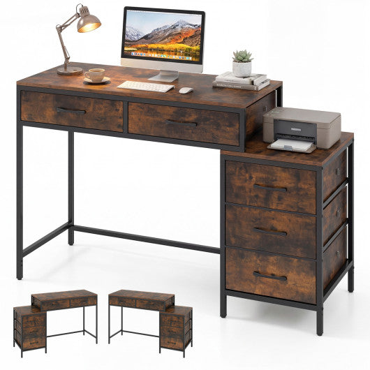 Computer Desk with 5 Drawers and Printer Stand for Bedroom and Small Spaces-Rustic Brown