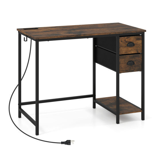 Computer Desk with Charging Station and 2 Fabric Drawers for Small Spaces-Rustic Brown