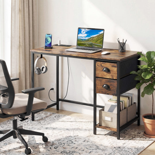 Computer Desk with Charging Station and 2 Fabric Drawers for Small Spaces-Rustic Brown