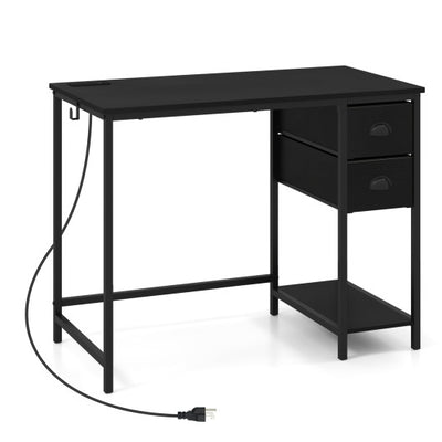 Computer Desk with Charging Station and 2 Fabric Drawers for Small Spaces-Black
