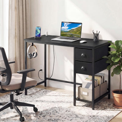 Computer Desk with Charging Station and 2 Fabric Drawers for Small Spaces-Black