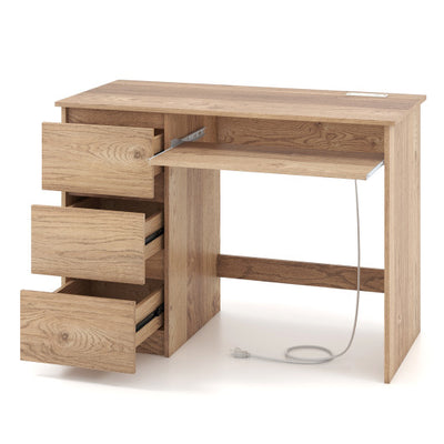 Computer Desk with Power Outlet Keyboard Tray and 3 Large Drawers-Natural