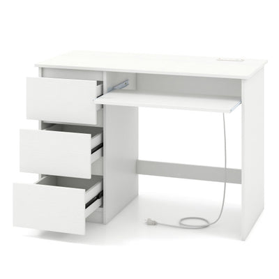 Computer Desk with Power Outlet Keyboard Tray and 3 Large Drawers-White