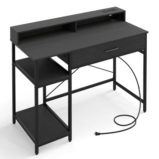 Computer Desk with Power Outlets 42inch Writing Desk with Hutch Drawer and 2 Open Shelves-Black