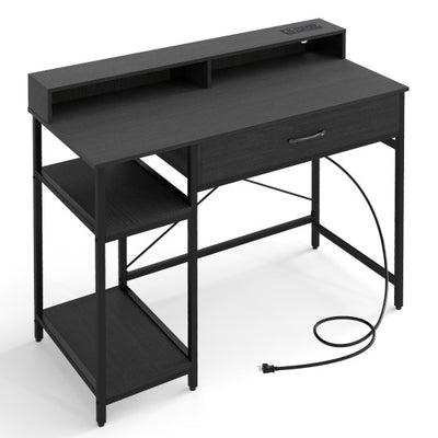 Computer Desk with Power Outlets 42inch Writing Desk with Hutch Drawer and 2 Open Shelves-Black