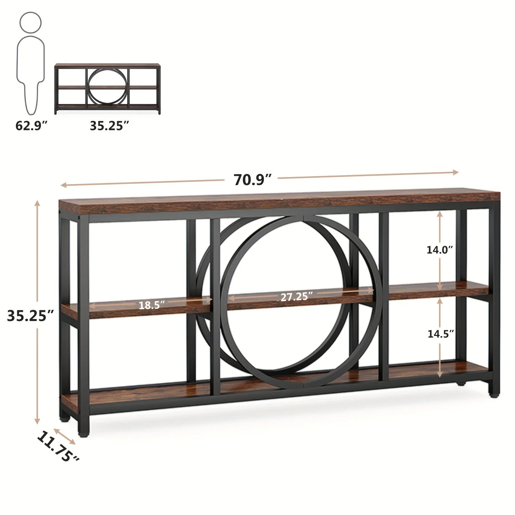 Console Table - 3 Tier Wood Metal Long