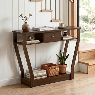 Console Hall Table with Storage Drawer and Shelf-Walnut