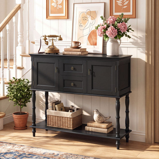 Console Table with 2 Drawers and 2 Door Cabinets and Bottom Storage Shelf-Black