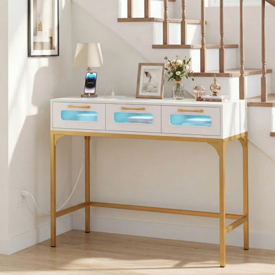 Console Table with LED Lighting and Charging Station for Living Room and Hallway-White