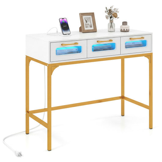 Console Table with LED Lighting and Charging Station for Living Room and Hallway-White