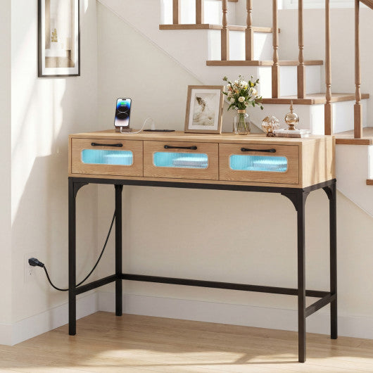 Console Table with LED Lighting and Charging Station for Living Room and Hallway-Natural