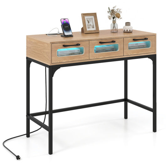 Console Table with LED Lighting and Charging Station for Living Room and Hallway-Natural